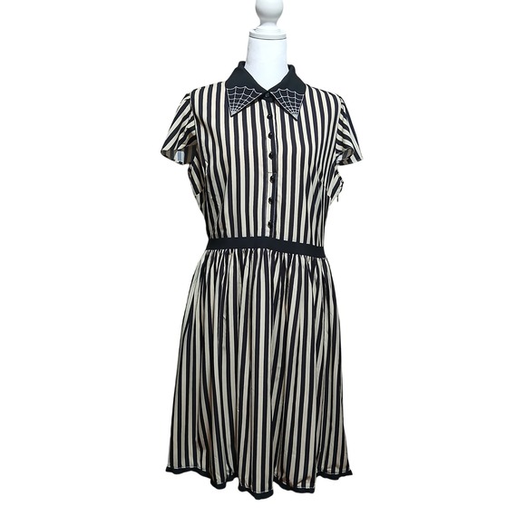 Sourpuss Striped Spiderweb Collar Dress Black Cream Rockabilly Goth Large - Picture 3 of 12